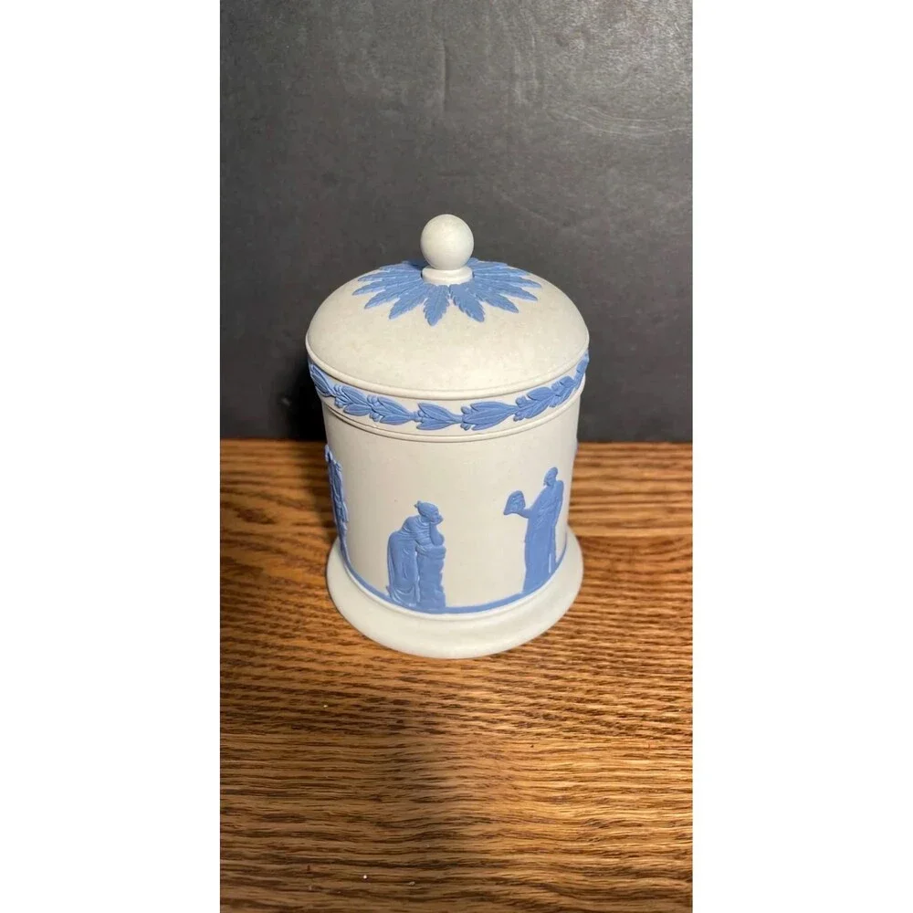 Vintage Reverse Wedgwood Blue Lavender on Cream Covered Tobacco Jar